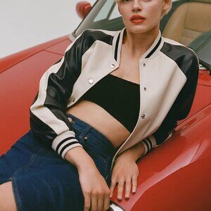 Anthropologie Cream and Black Varsity Jacket